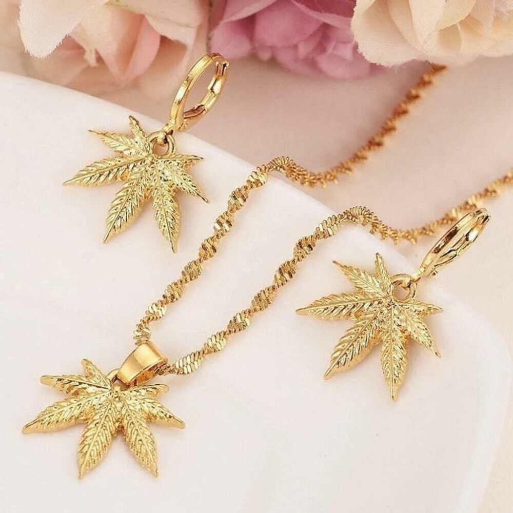 Weed cannabis necklace and earings set /pot leaf, 420 necklace, weed necklace ,